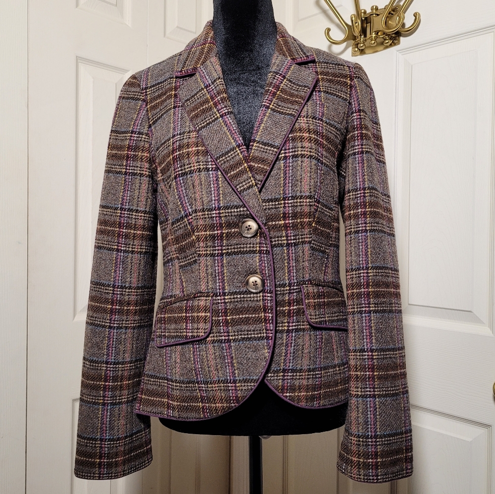 Boden British Tweed By Moon Wool -  Brown, Purple Check Blazer US Size 6